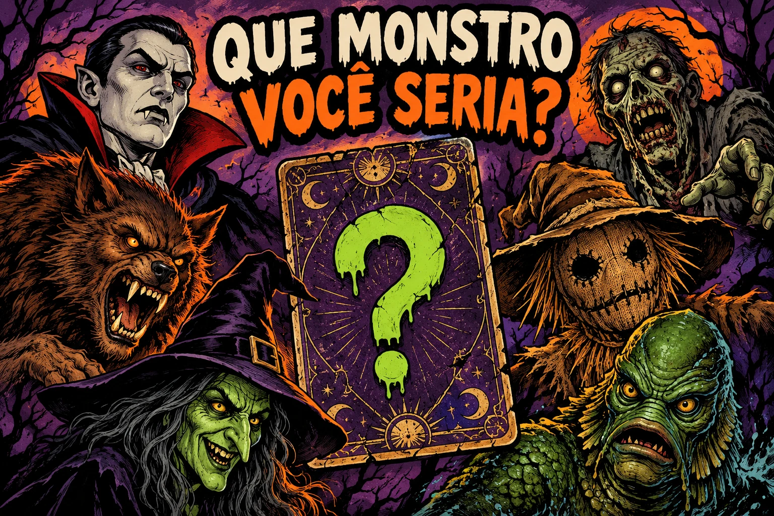 Vampiro, lobisomem, bruxa e outras criaturas apresentam o quiz Que Monstro Você Seria?