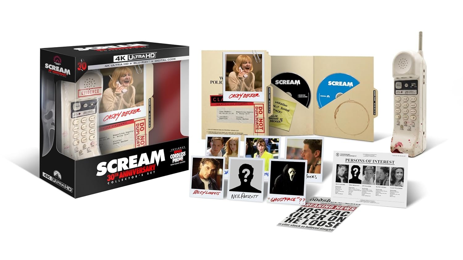 Box de 30 anos de Scream com telefone, discos, pasta de caso e fotos dos personagens.