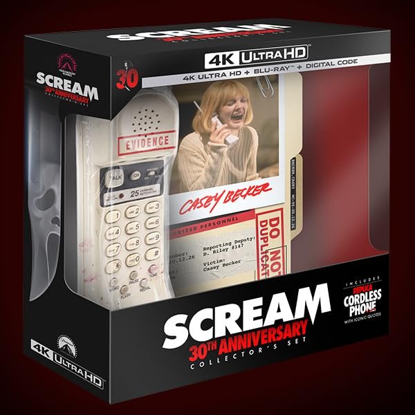 Embalagem do box de 30 anos de Scream com o telefone e a foto de Casey Becker.