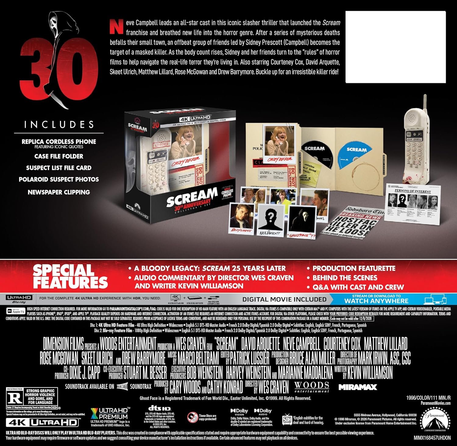 Verso da embalagem de Scream com os itens do box, extras e informações dos discos.